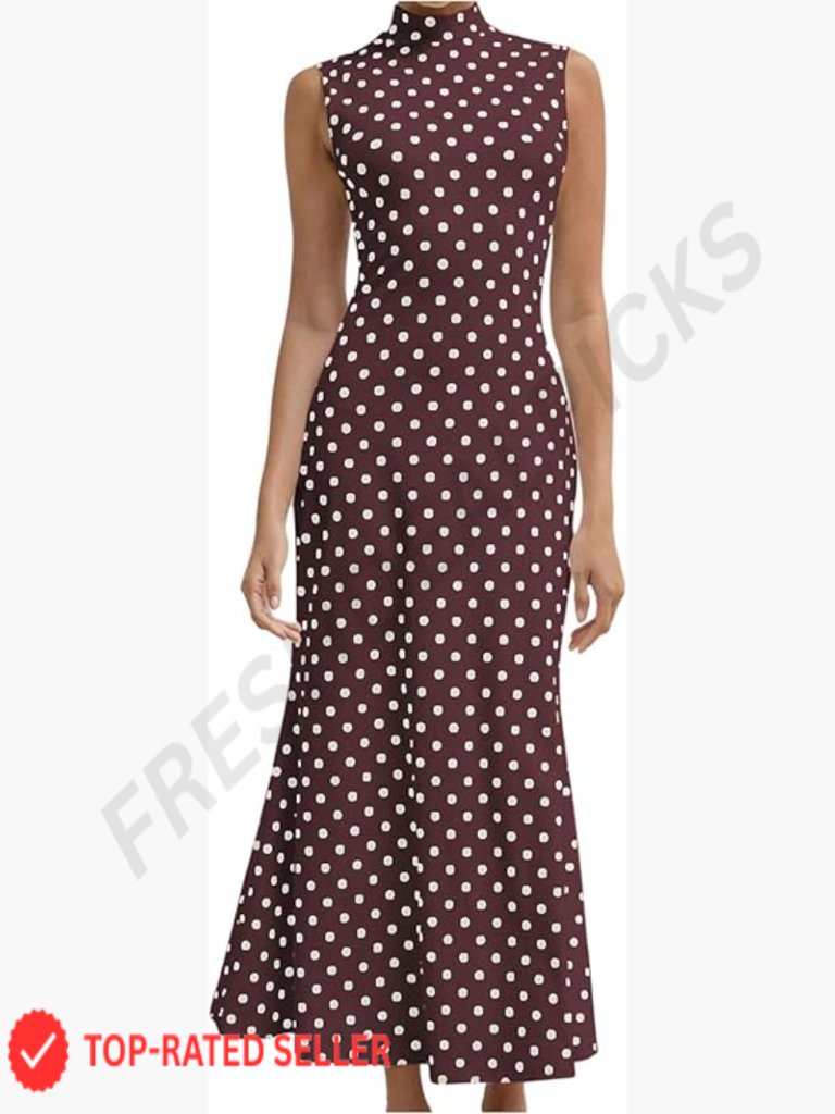 Polka Dot Maxi Tank Dress Vintage Mock Neck Sleeveless Elegant Bodycon Long